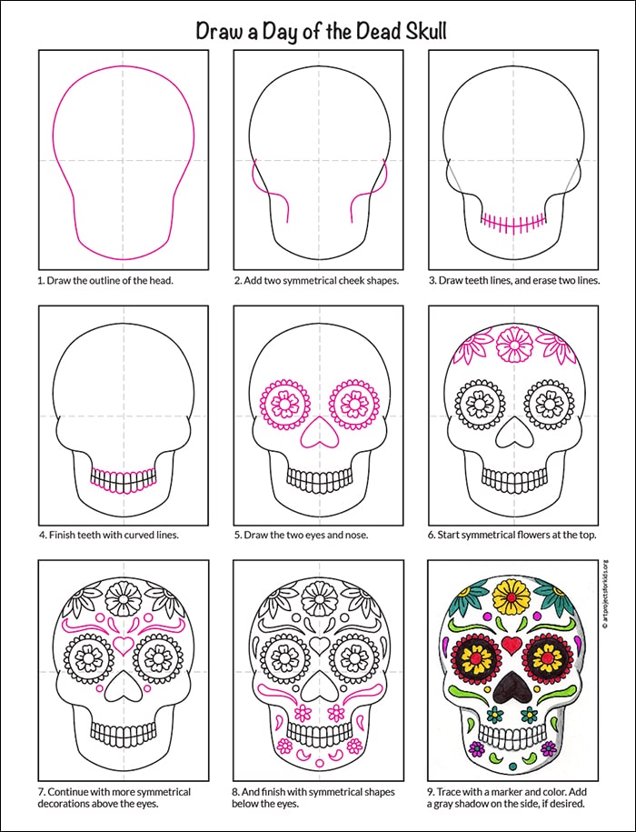 A step by step tutorial for how to draw an easy Day of the Dead Skull, also available as a free download.