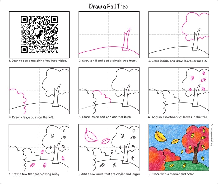 A step by step tutorial for how to draw an autumn tree, which is available as a free download.