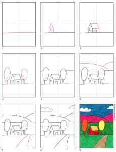 Easy How to Draw a Landscape Tutorial and Coloring Page