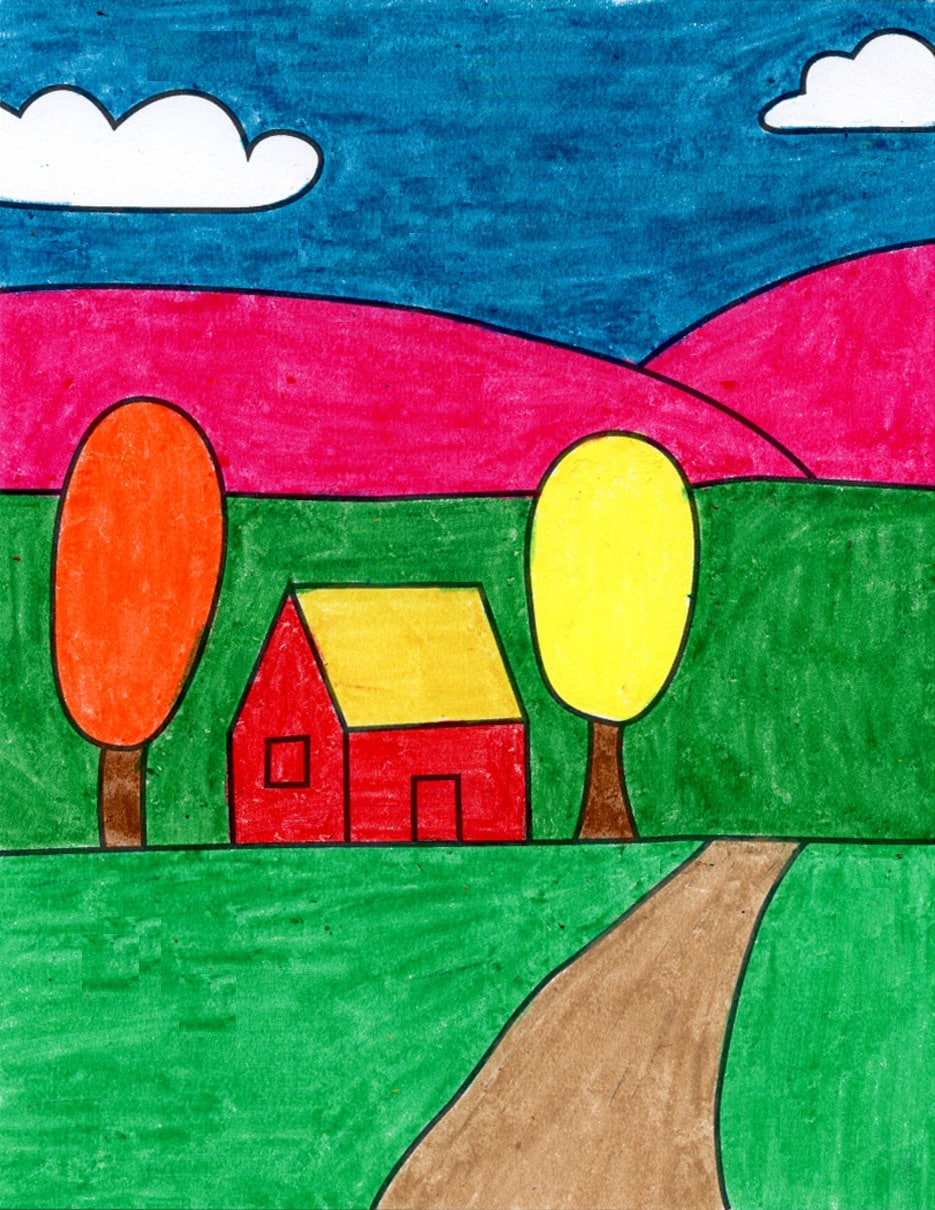 Artwork | Crayon Village Scenery Drawing | Freeup