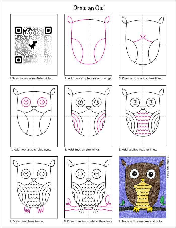 How to Draw an Easy Owl Tutorial Video and Owl Coloring Page