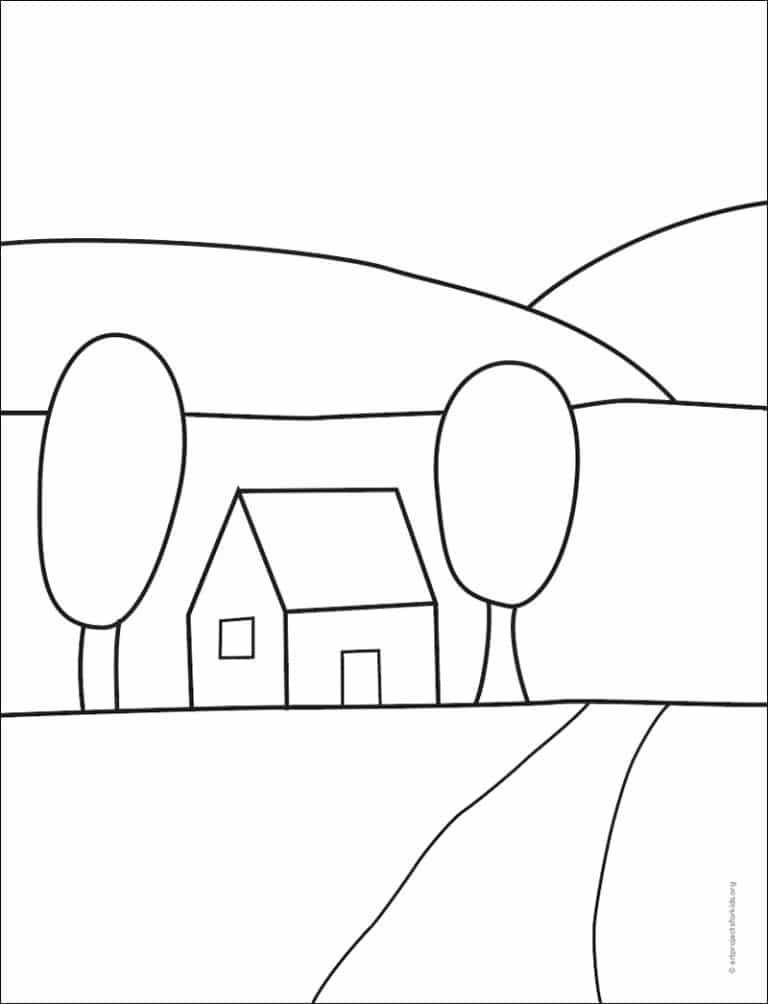 Easy How to Draw a Landscape Tutorial and Coloring Page
