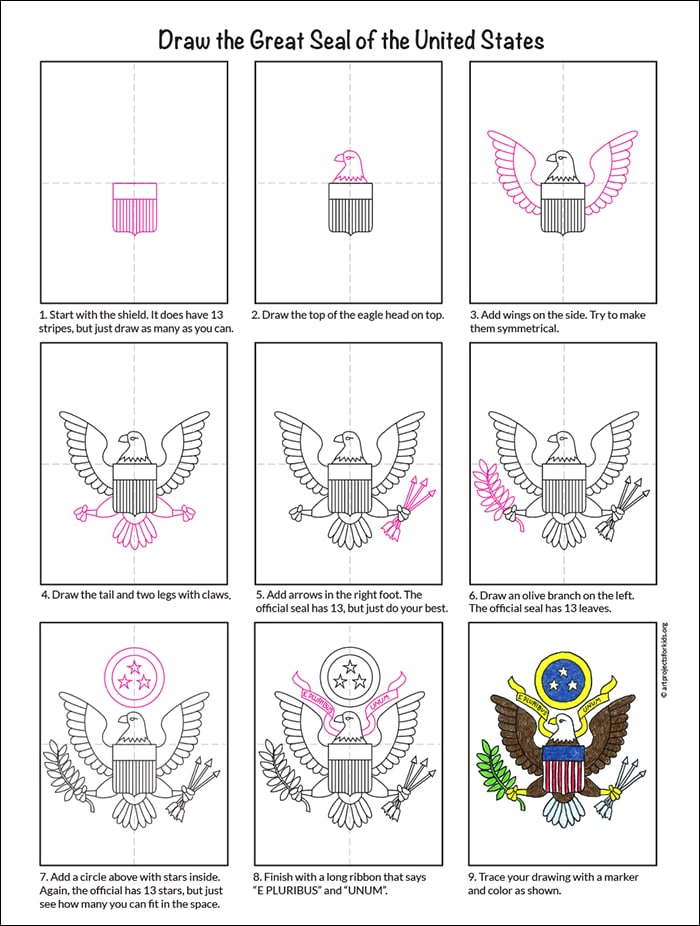 A step by step tutorial for how to draw a Great Seal of the United States, also available as a free download.