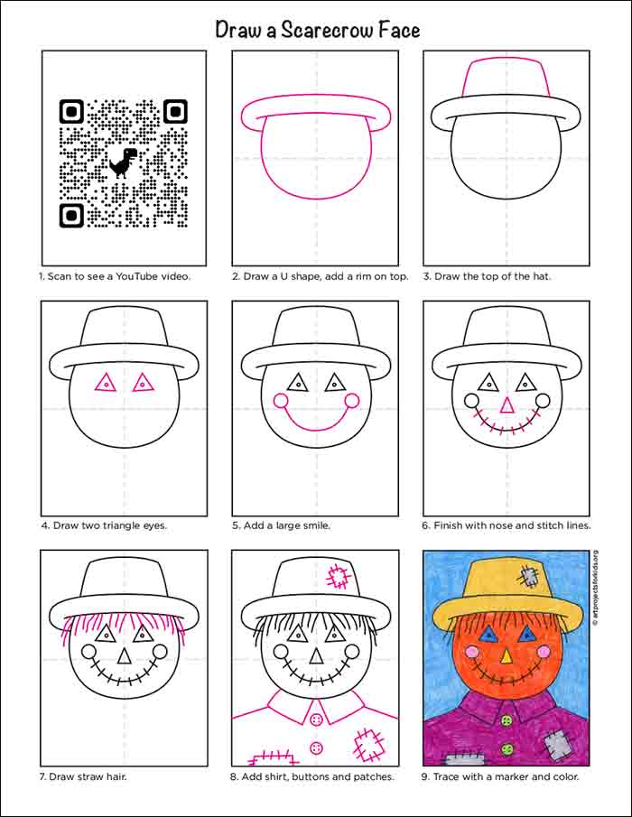 A step by step tutorial for how to draw an easy Scarecrow Face, which is available as a free PDF.