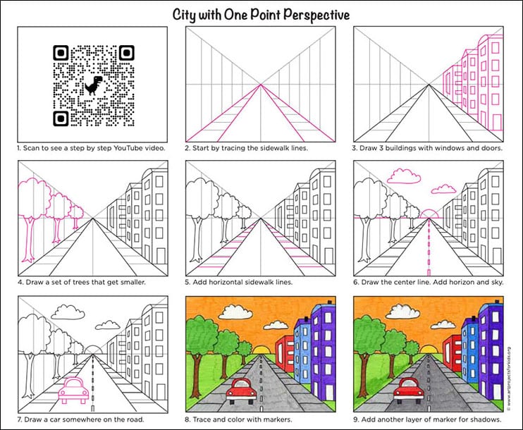 A step by step tutorial for how to draw an easy City with One Point Perspective, also available as a free download.