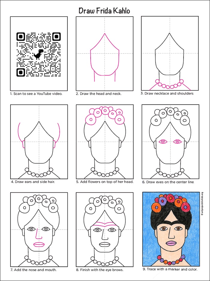 A drawing of Frida Kahlo, made with the help of an easy step by step tutorial. 
