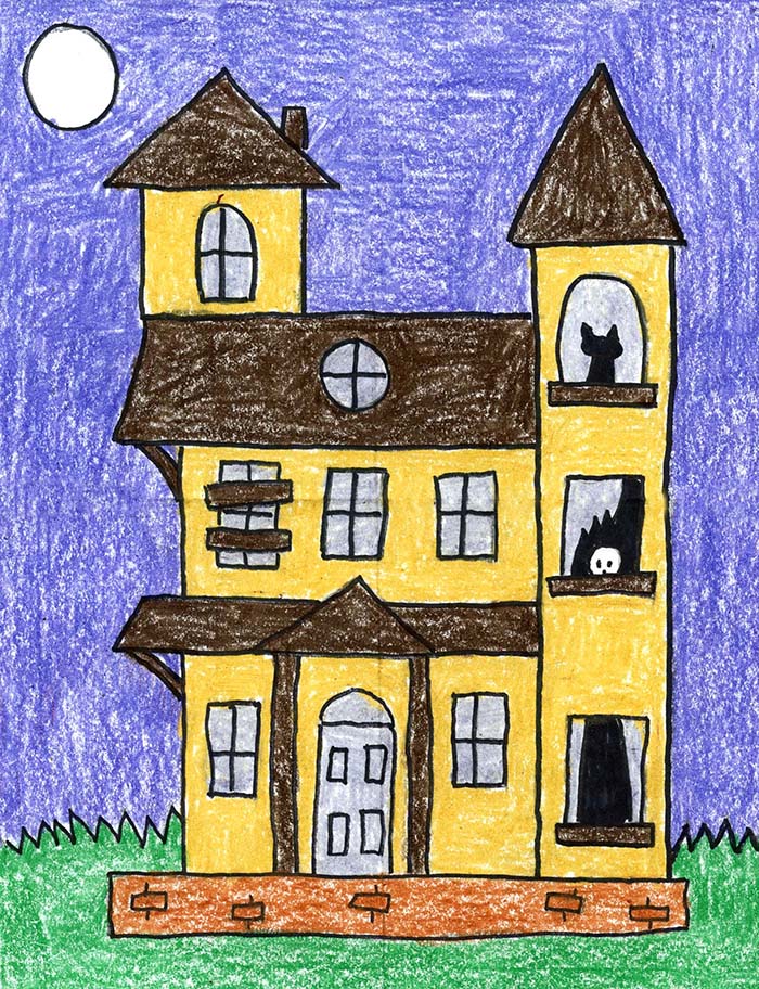 How to Draw a Haunted House Tutorial Video and Coloring Page