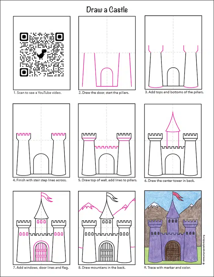 Пошаговое руководство по рисованию простого замка, также доступное для бесплатной загрузки.