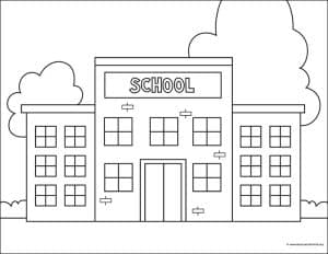 Easy How to Draw a School Tutorial Video and Coloring Page