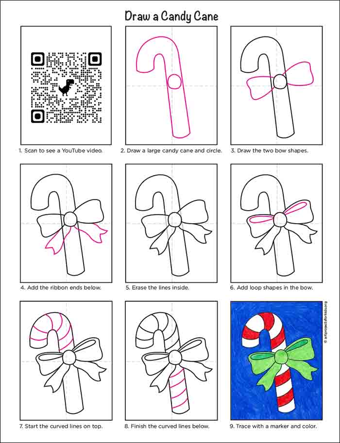 A step by step tutorial for how to draw an easy Candy Cane, also available as a free download.