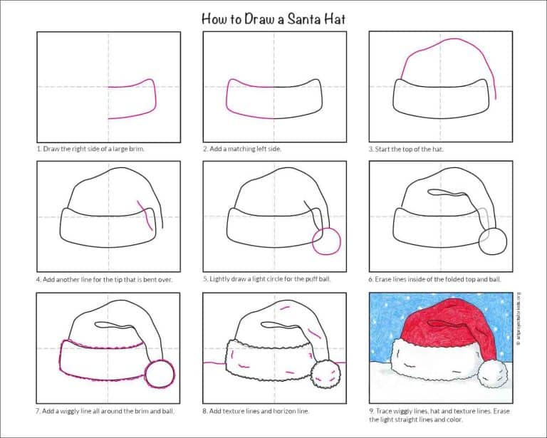 Easy How to Draw a Santa Hat Tutorial and Coloring Page