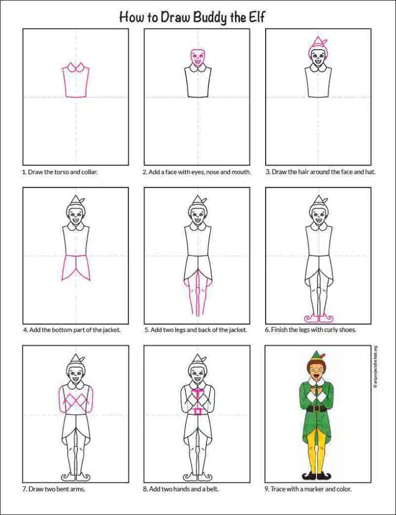 How to Draw Buddy The Elf Tutorial and Buddy Coloring Page