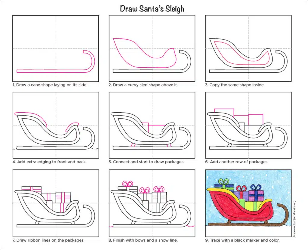A step by step tutorial for how to draw an easy Santa Sleigh, also available as a free download.