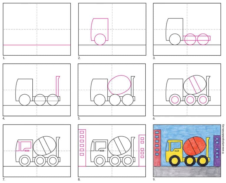 Easy How to Draw a Cement Truck Tutorial and Coloring Page