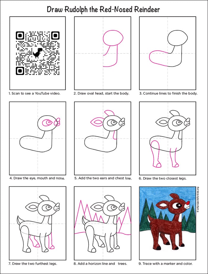 A step by step tutorial for how to draw an easy reindeer, also available as a free download.