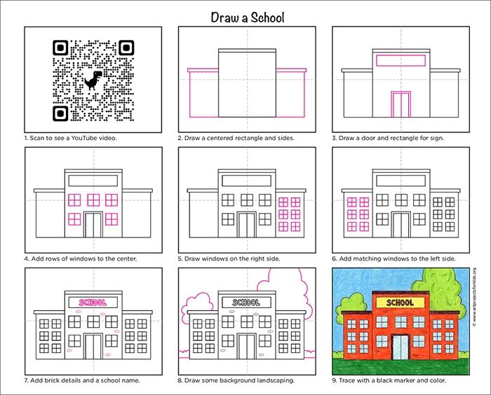 A step by step tutorial for how to draw an easy school, also available as a free download.