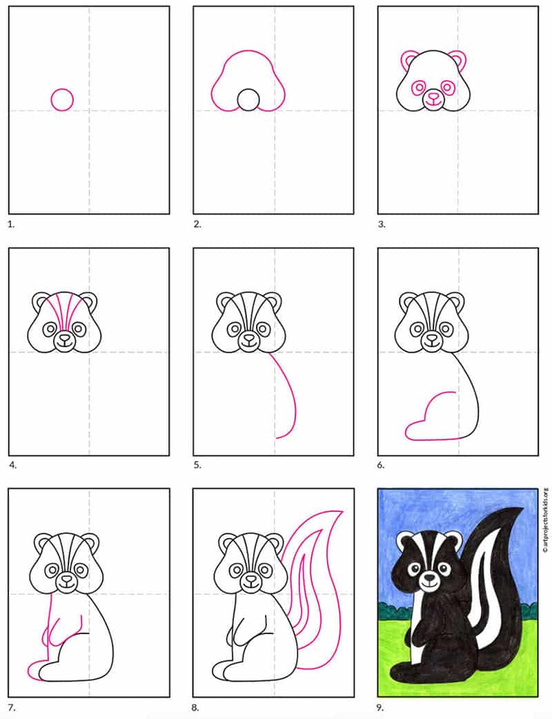 Easy How to Draw a Skunk Tutorial and Skunk Coloring Page