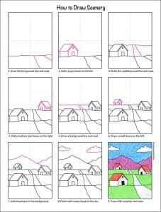 Easy How to Draw Scenery Tutorial Video and Coloring Page