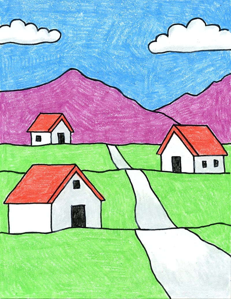 Easy How to Draw Scenery Tutorial Video and Scenery Coloring Page