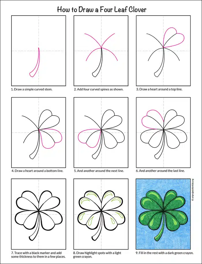 How to Draw a Four Leaf Clover Tutorial Video and Coloring Page