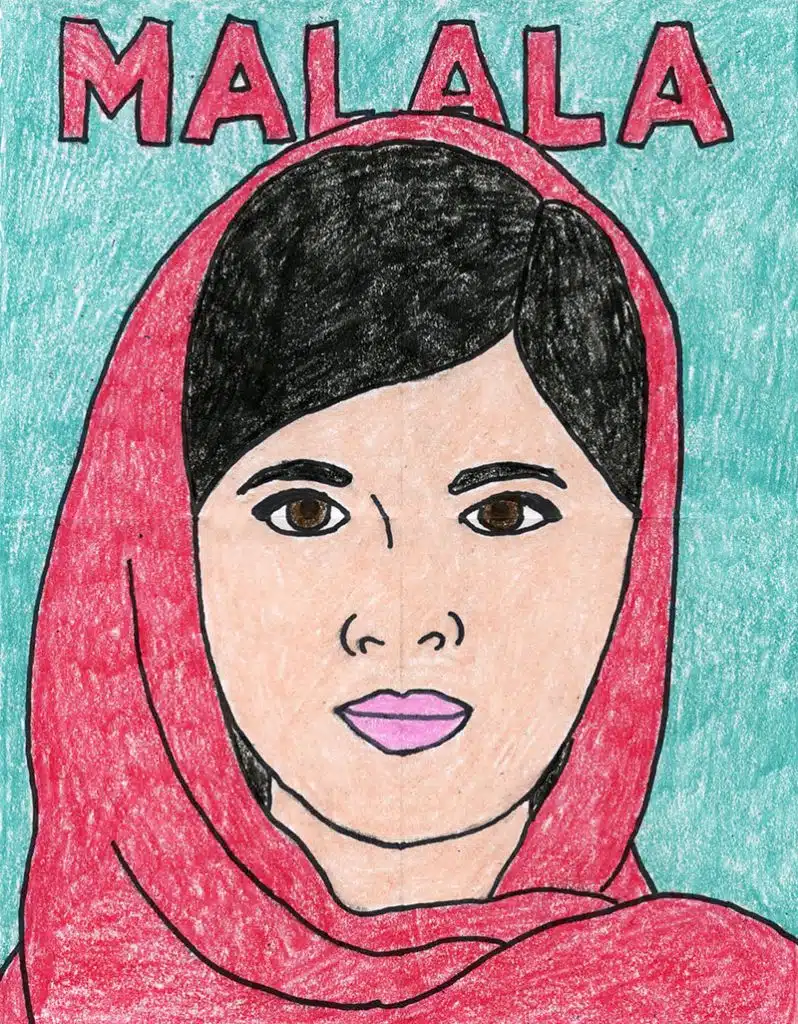 A drawing of Malala, made with the help of an easy step by step tutorial.