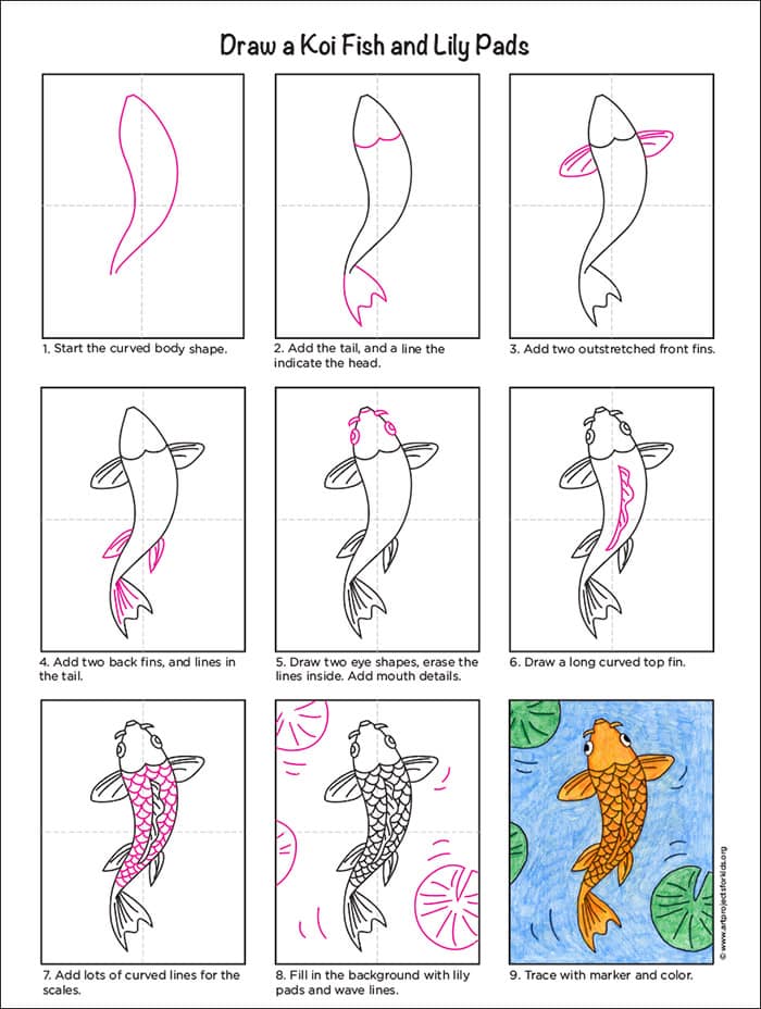 Легко Как нарисовать учебник по рыбе кои и страницу раскраски рыбы кои