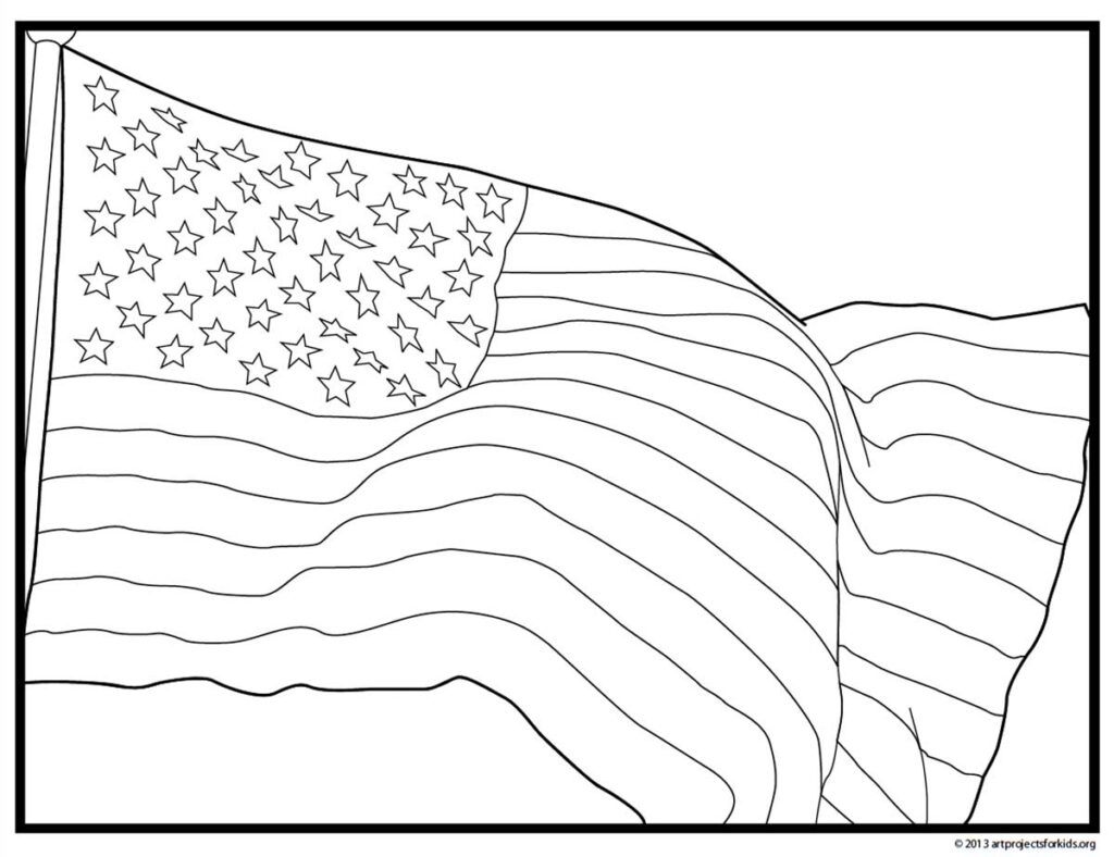 An American Flag coloring page, available as a free PDF.