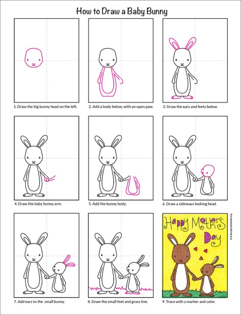 A step by step tutorial for how to draw an easy baby bunny, also available as a free download.