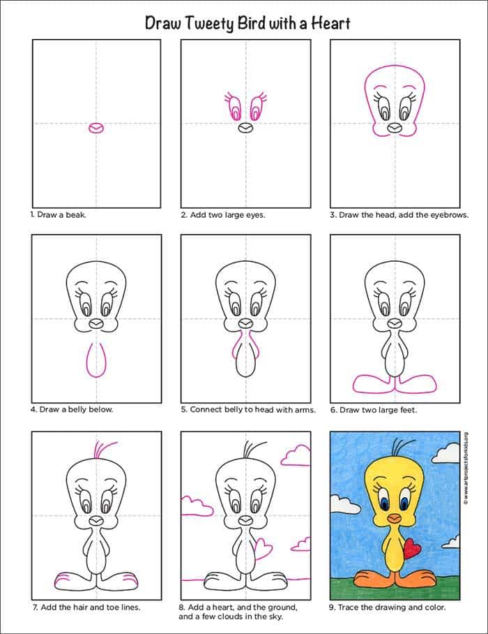 Learn how to draw Tweety Bird in love, with the help of a step by step tutorial.