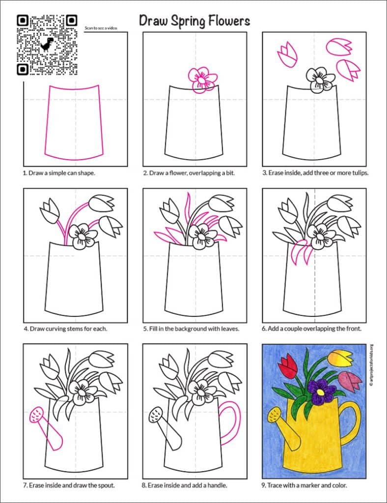 A step by step tutorial for how to draw easy spring flowers, also available as a free tutorial.
