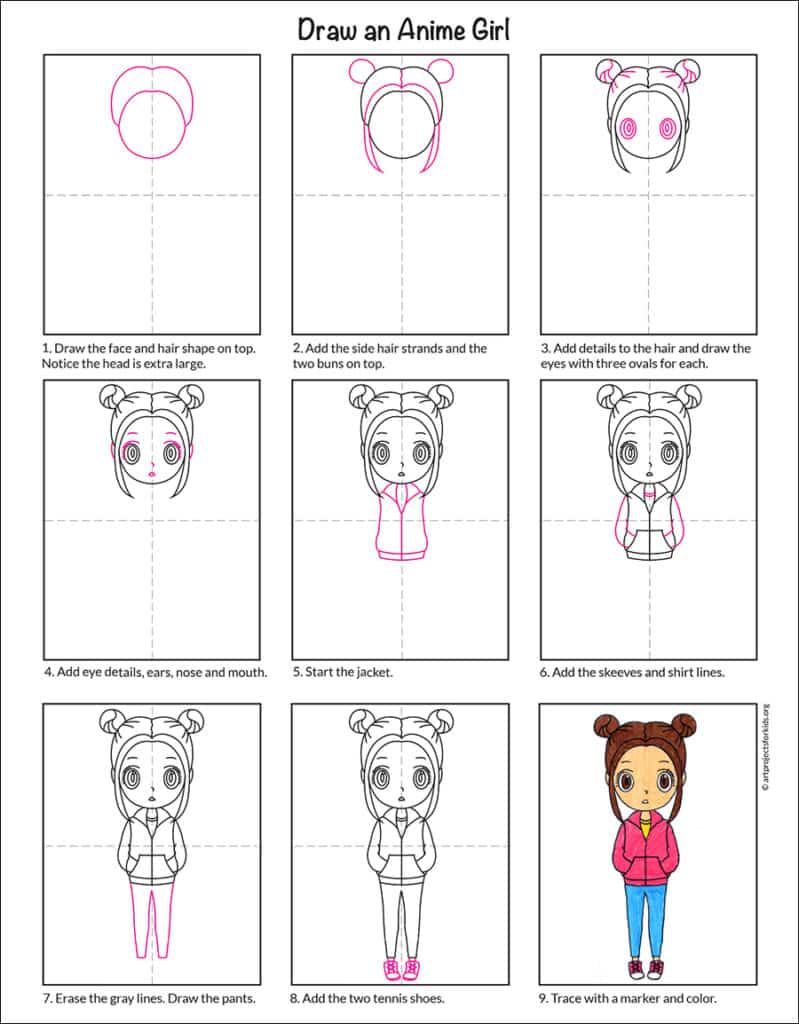 A step by step tutorial for how to draw an easy Anime Girl, also available as a free download.
