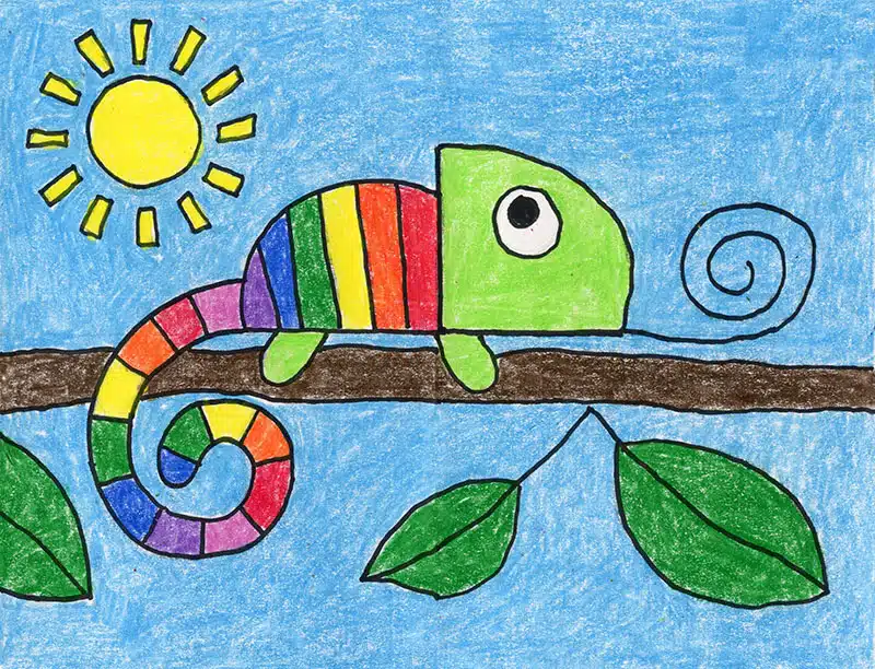 Easy How to Draw a Chameleon Tutorial Video and Chameleon Coloring Page