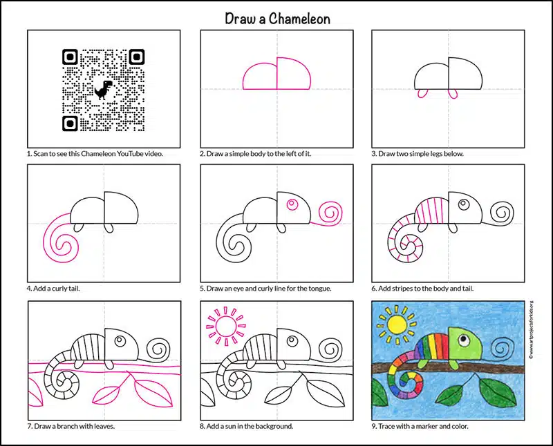Step by step diagram for how to Draw a Chameleon.