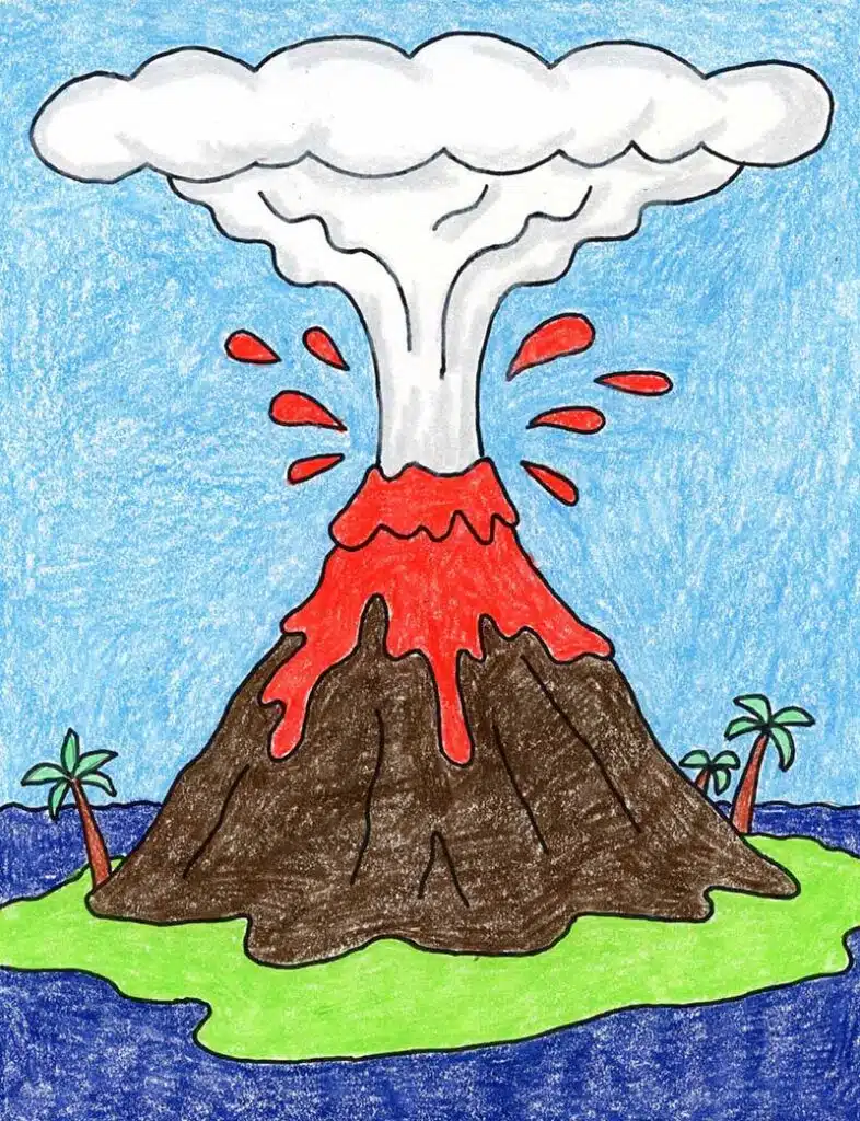 A drawing of a volcano, made with the help of an easy step by step tutorial.
