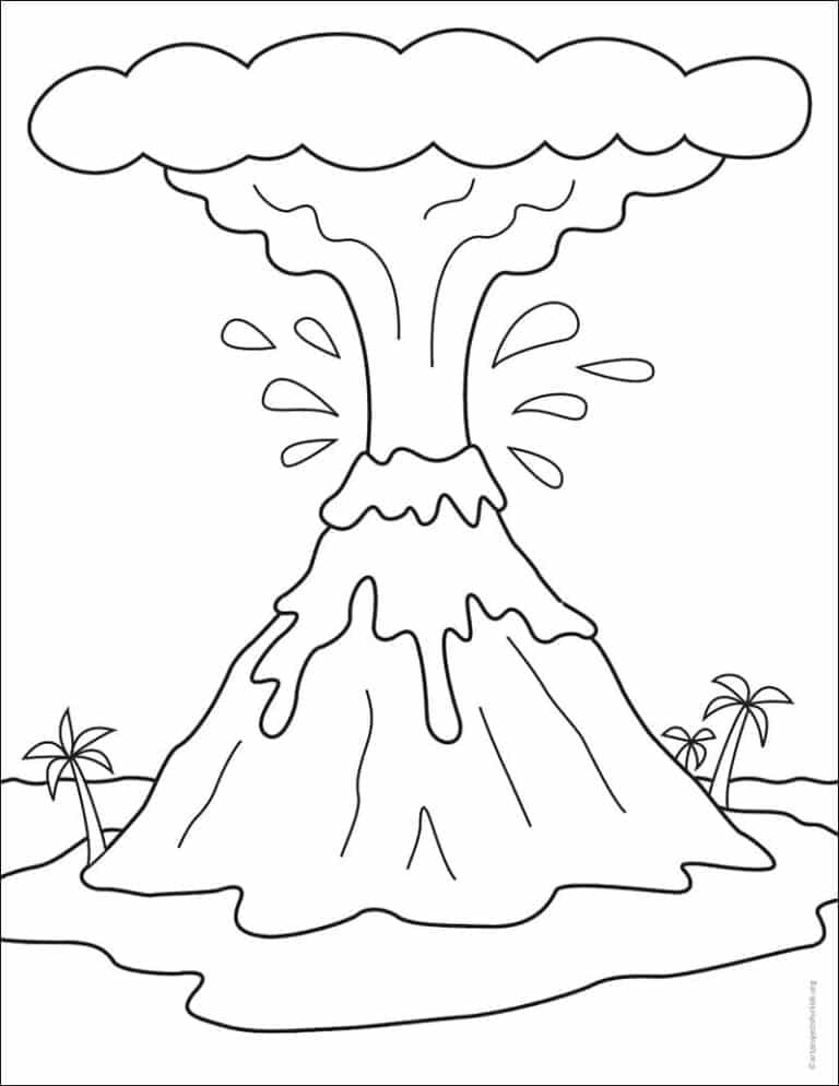 Easy How to Draw a Volcano Tutorial Video, Volcano Coloring Page
