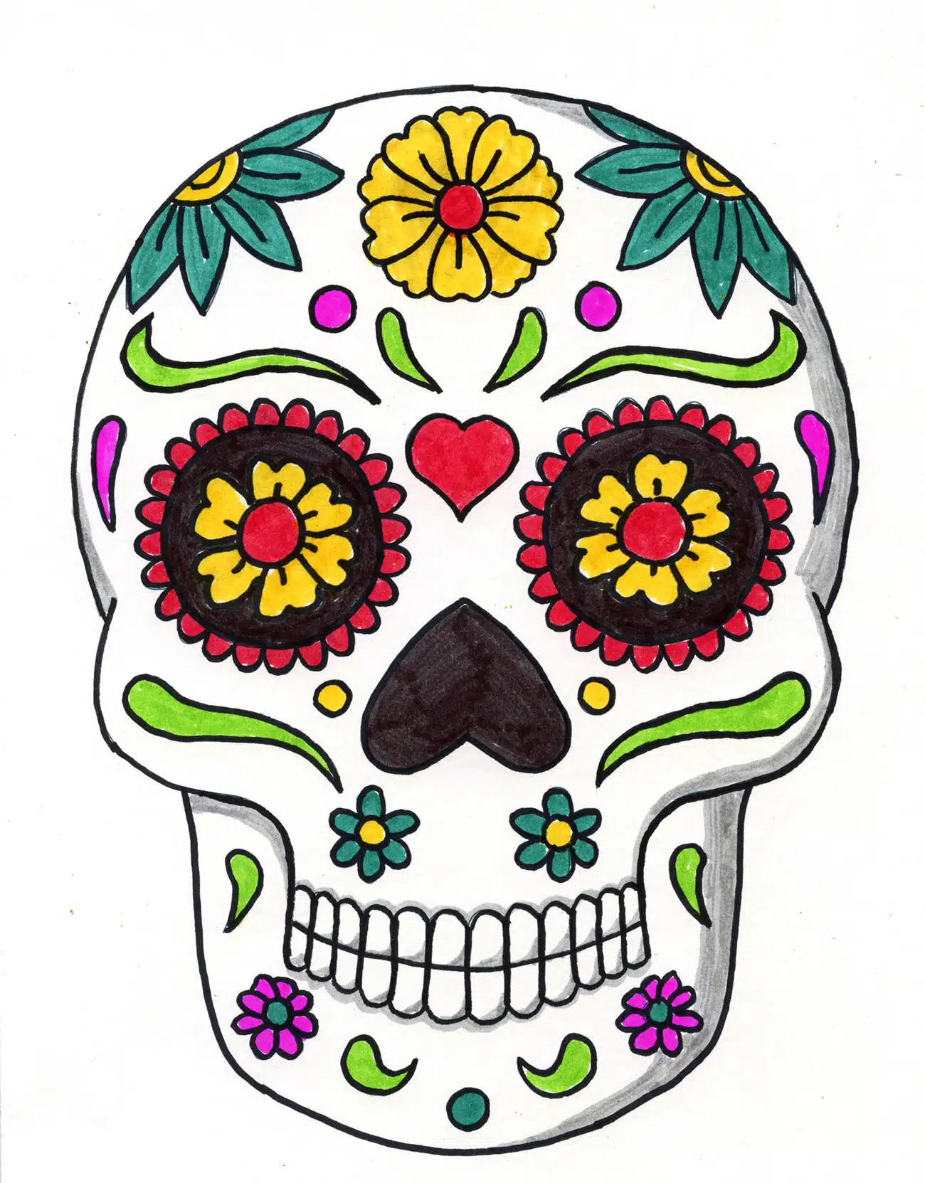 Day of the Dead Skull Drawing for Kids and Coloring Page