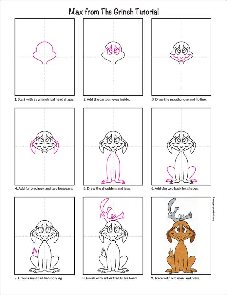 A step by step tutorial for how to draw an easy Max from the Grinch, also available as a free download.