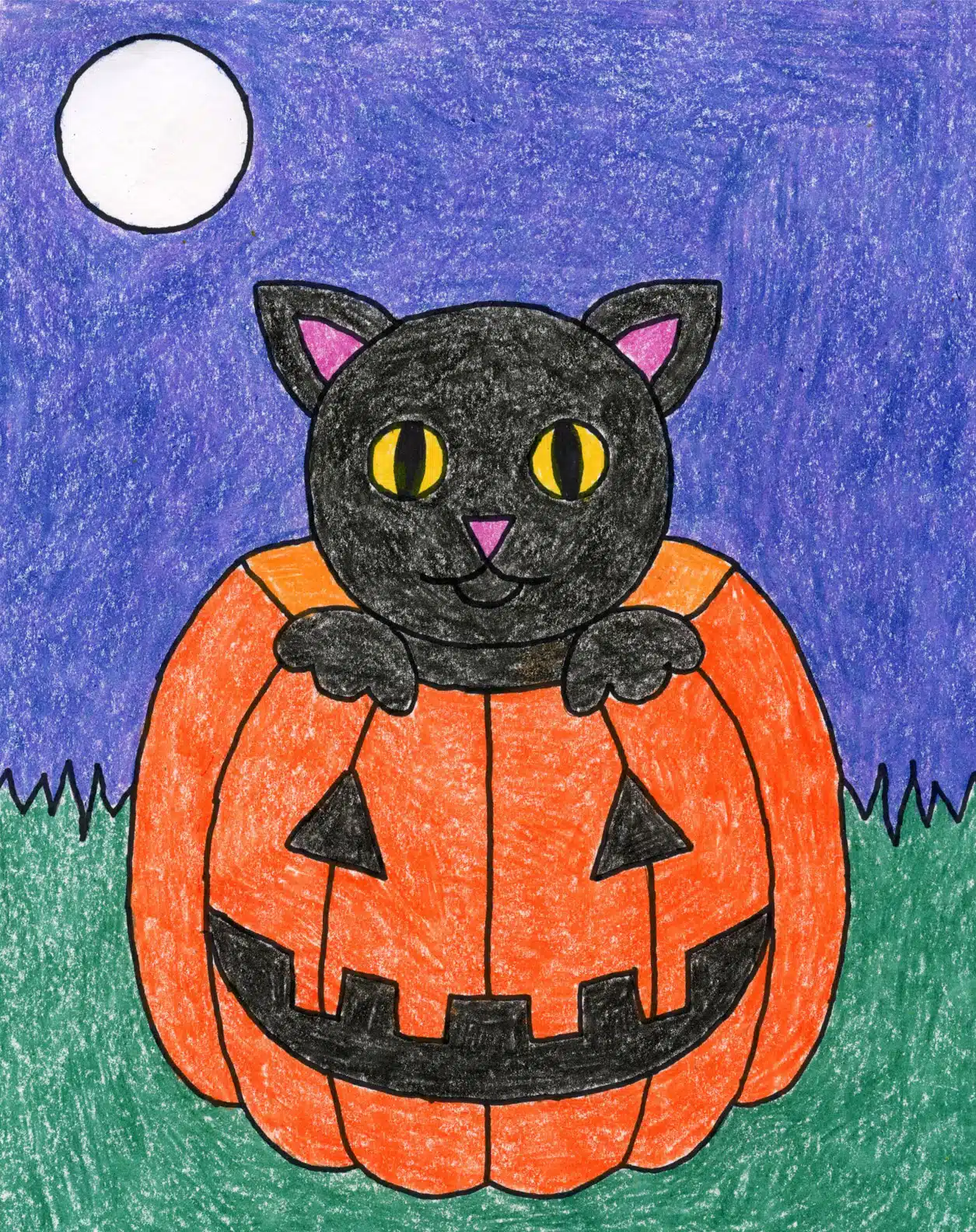 How to Draw a Halloween Cat Tutorial Video and Halloween Cat Coloring Page