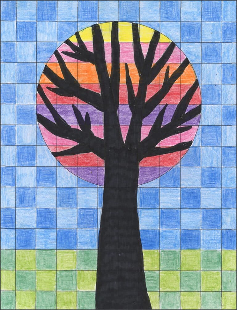 How to Draw Circle Grid Tree Art and Coloring Page