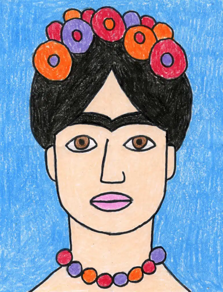 A drawing of Frida Kahlo, made with the help of a step by step tutorial.