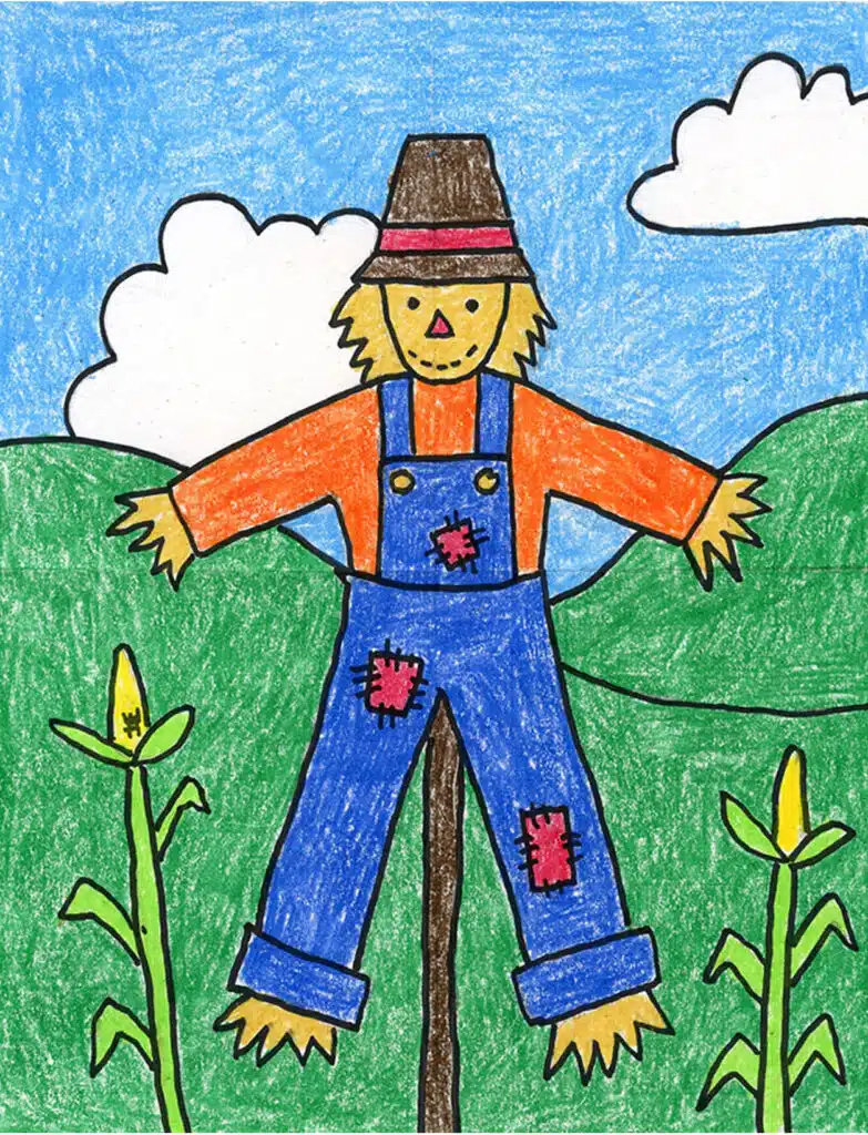 A drawing of a Scarecrow, made with the help of an easy step by step tutorial.