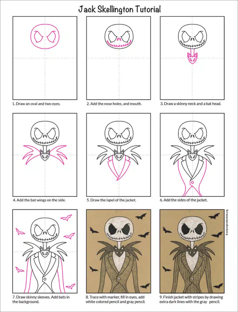 A step by step tutorial for how to draw an easy Jack Skellington drawing, also available as a free download.