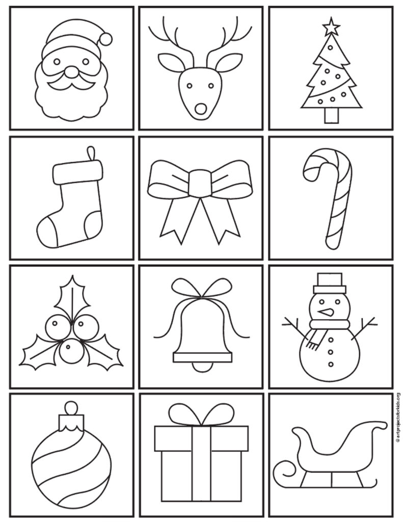 A preview of a Christmas stuff coloring page, available as a free  PDF.