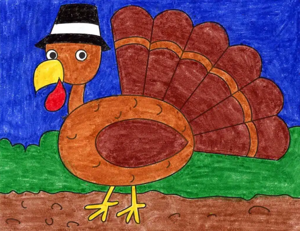 A drawing of a Turkey, made with the help of an easy step by step tutorial.