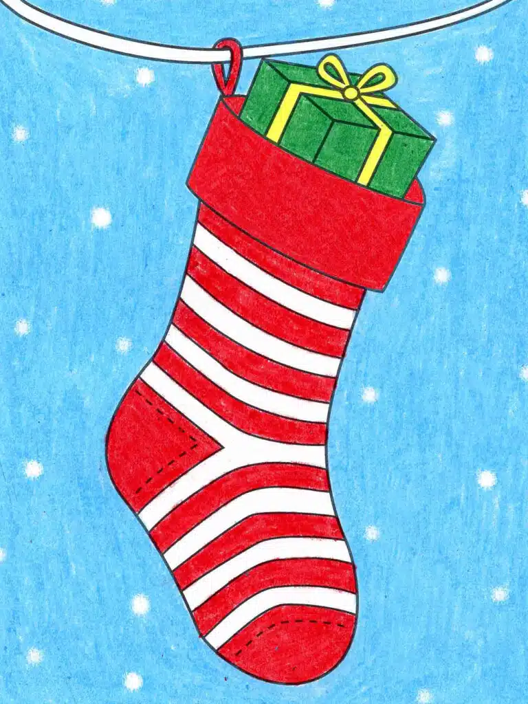 A drawing of a Christmas stocking, made with the help of an easy step by step tutorial.