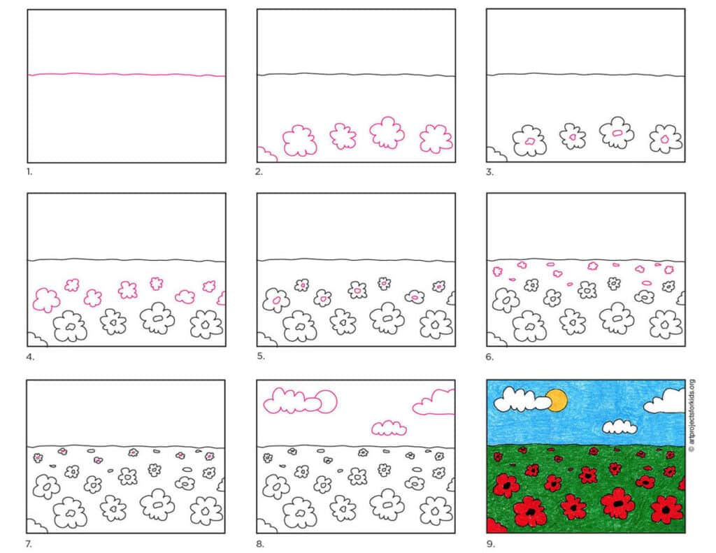 A step by step tutorial for how to draw an easy Poppy Field, also available as a free tutorial.