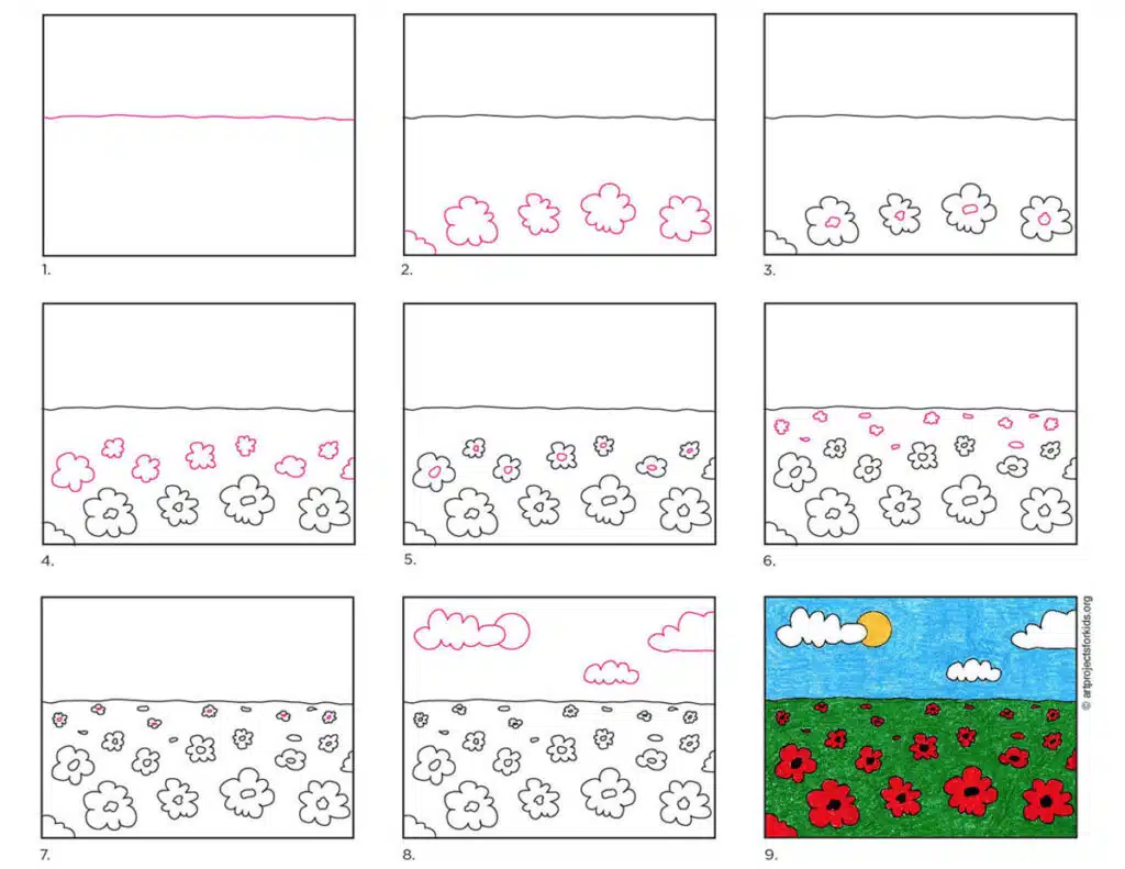 A step by step tutorial for how to draw an easy Poppy Field, also available as a free download.