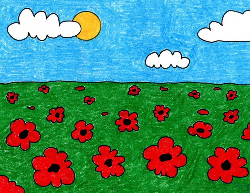 A drawing of a Poppy Field, made with the help of an easy step by step tutorial.
