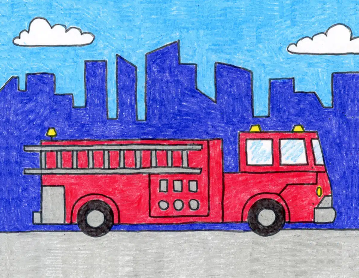 Easy How to Draw a Fire Truck Tutorial and Fire Truck Coloring Page