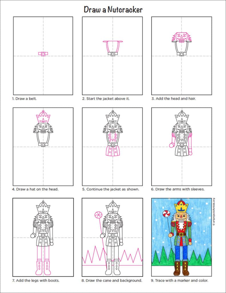 A step by step tutorial for how to draw an easy Nutcracker, also available as a free tutorial.